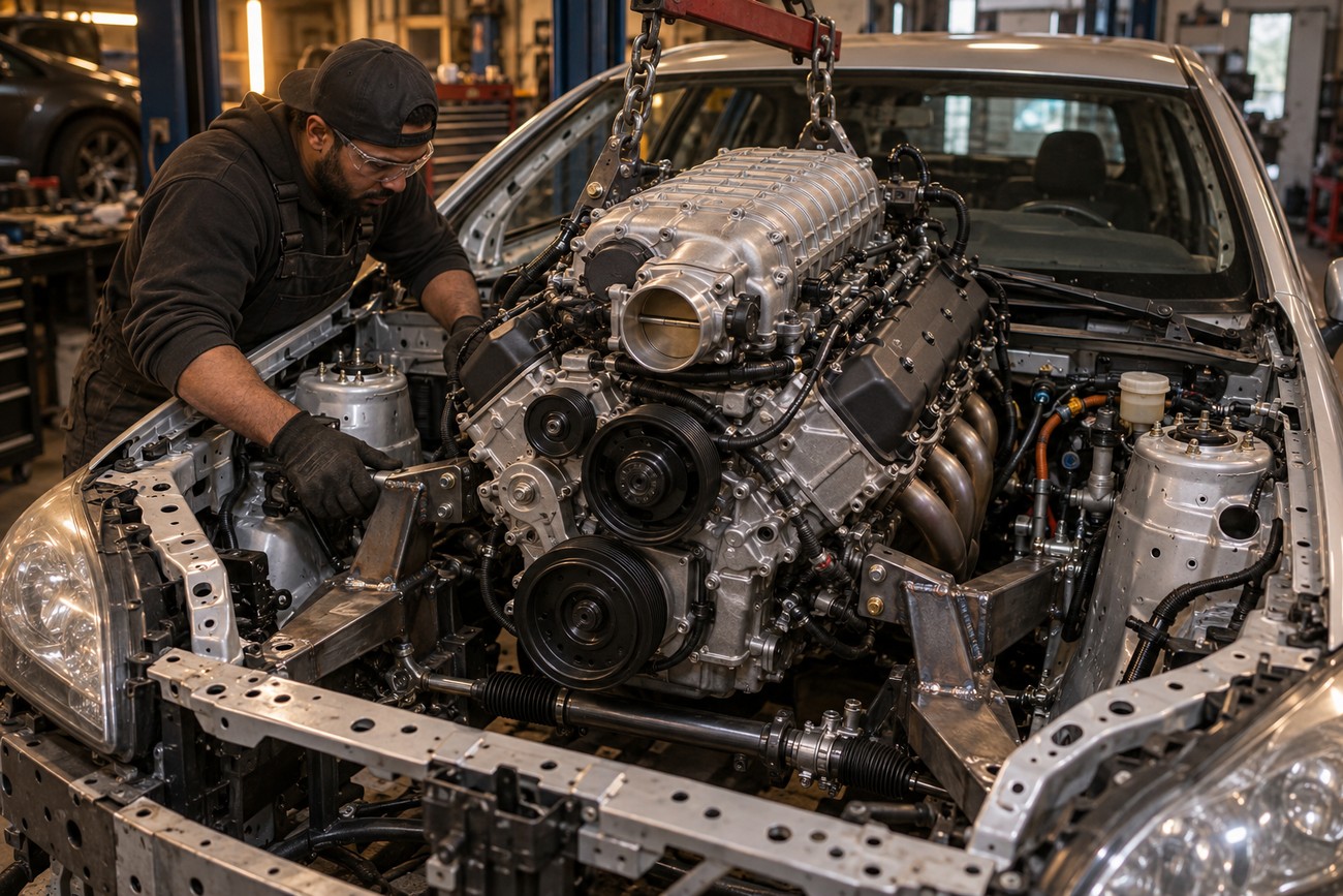 A mechanic wearing protective glasses guides a supercharged Hellcat V8 engine into the engine bay of a Toyota Prius project car in a workshop
