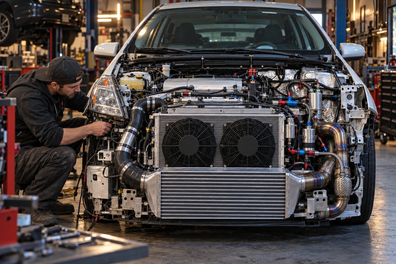 A mechanic working on the front end of a modified Toyota Prius with a custom V8 engine setup in a repair shop
