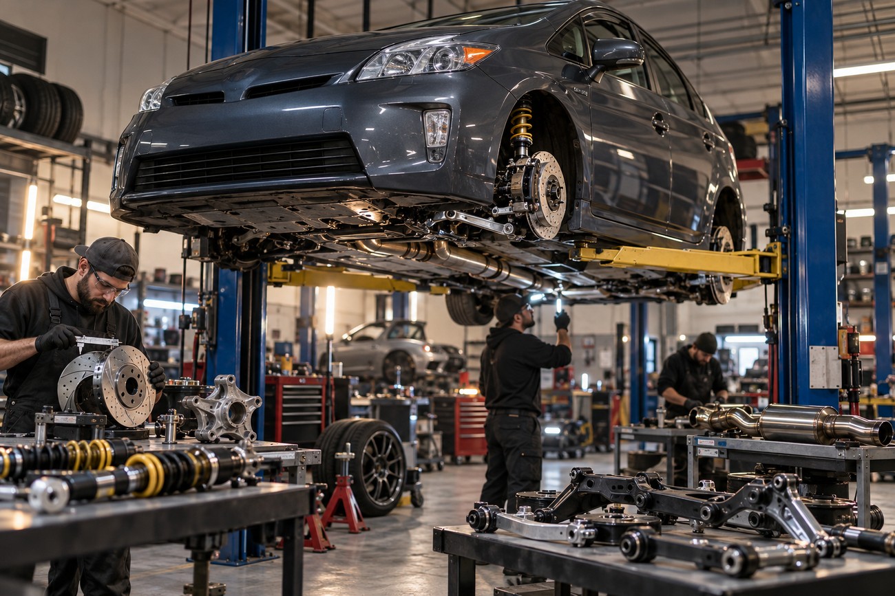 Mechanics working on custom parts in an auto repair shop with a Toyota Prius lifted on a hydraulic hoist