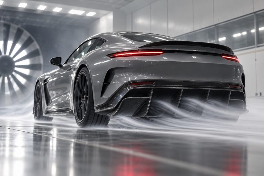 A grey sports car undergoing aerodynamic testing in a wind tunnel with visible airflow passing through the carbon fiber rear diffuser