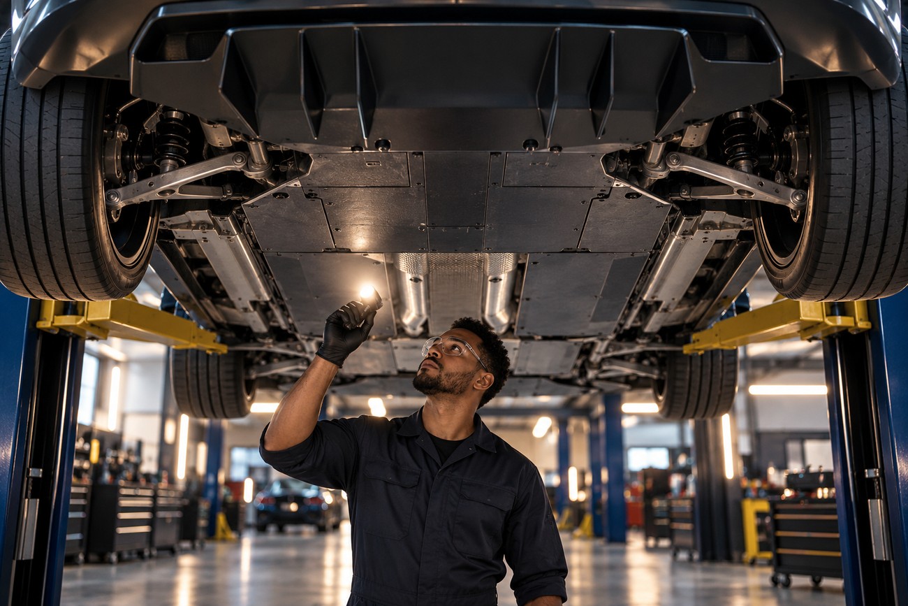 A mechanic in safety glasses and gloves uses a flashlight to inspect the rear diffuser and underbody of a car on a lift