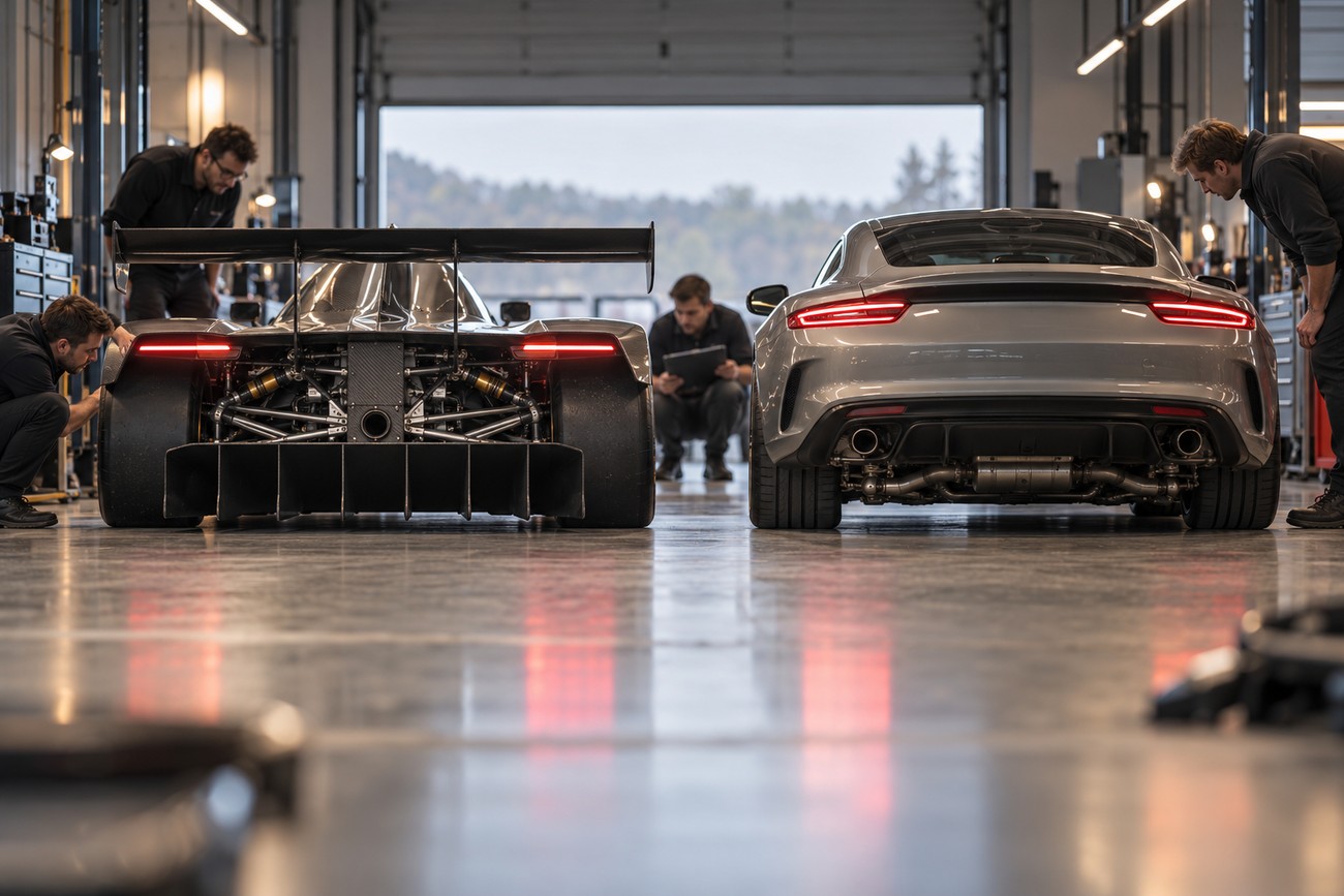 Mechanics working on high-performance sports cars with visible rear diffusers in a bright workshop