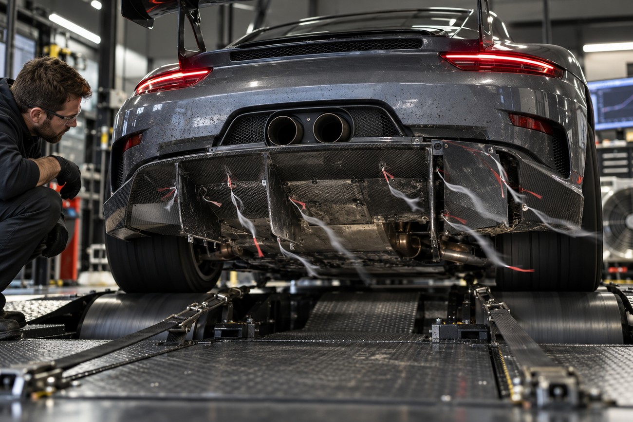 An engineer crouching beside a sports car on a dynamometer to observe airflow tufts on the carbon fiber rear diffuser