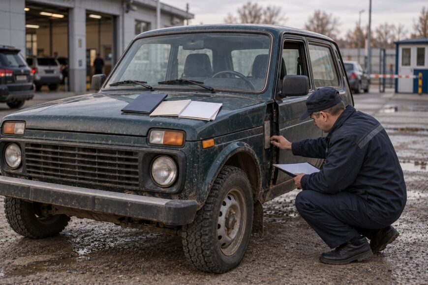 An inspector in a dark uniform checks the VIN plate on a muddy dark green Lada Niva during farm vehicle registration