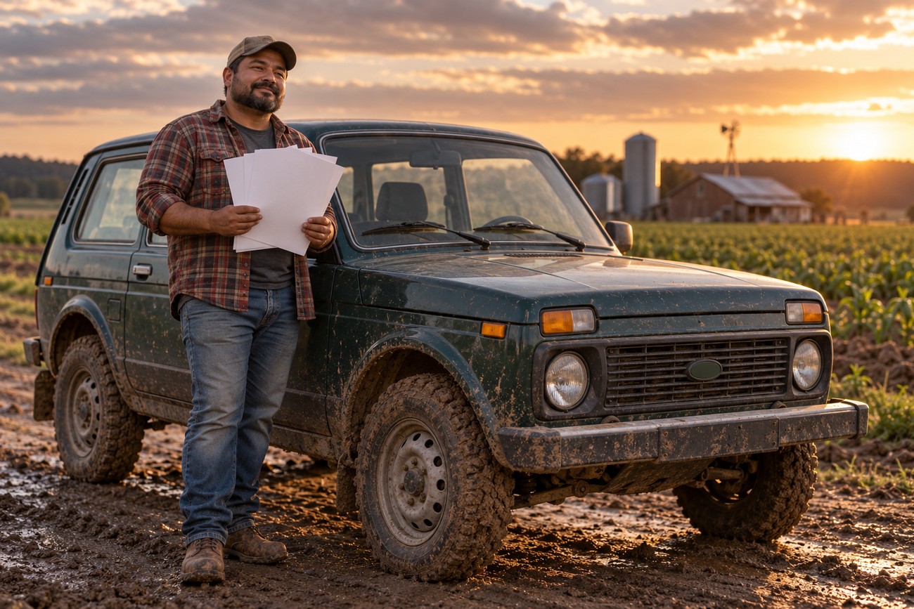 A smiling farmer holding registration papers standing next to a muddy Lada Niva off-road vehicle on a farm at sunset