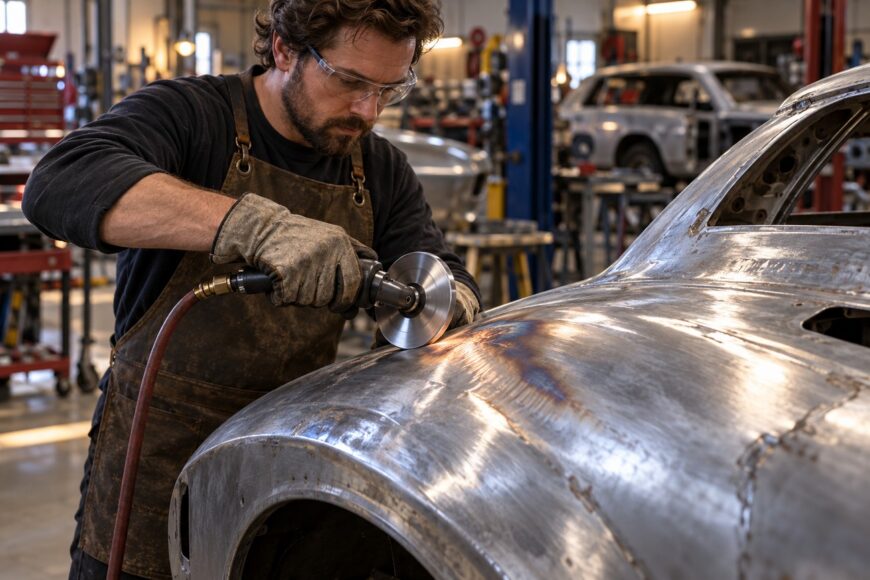 A mechanic wearing safety glasses and an apron uses a pneumatic tool with a shrinking disc on a metal car body panel in an auto repair shop