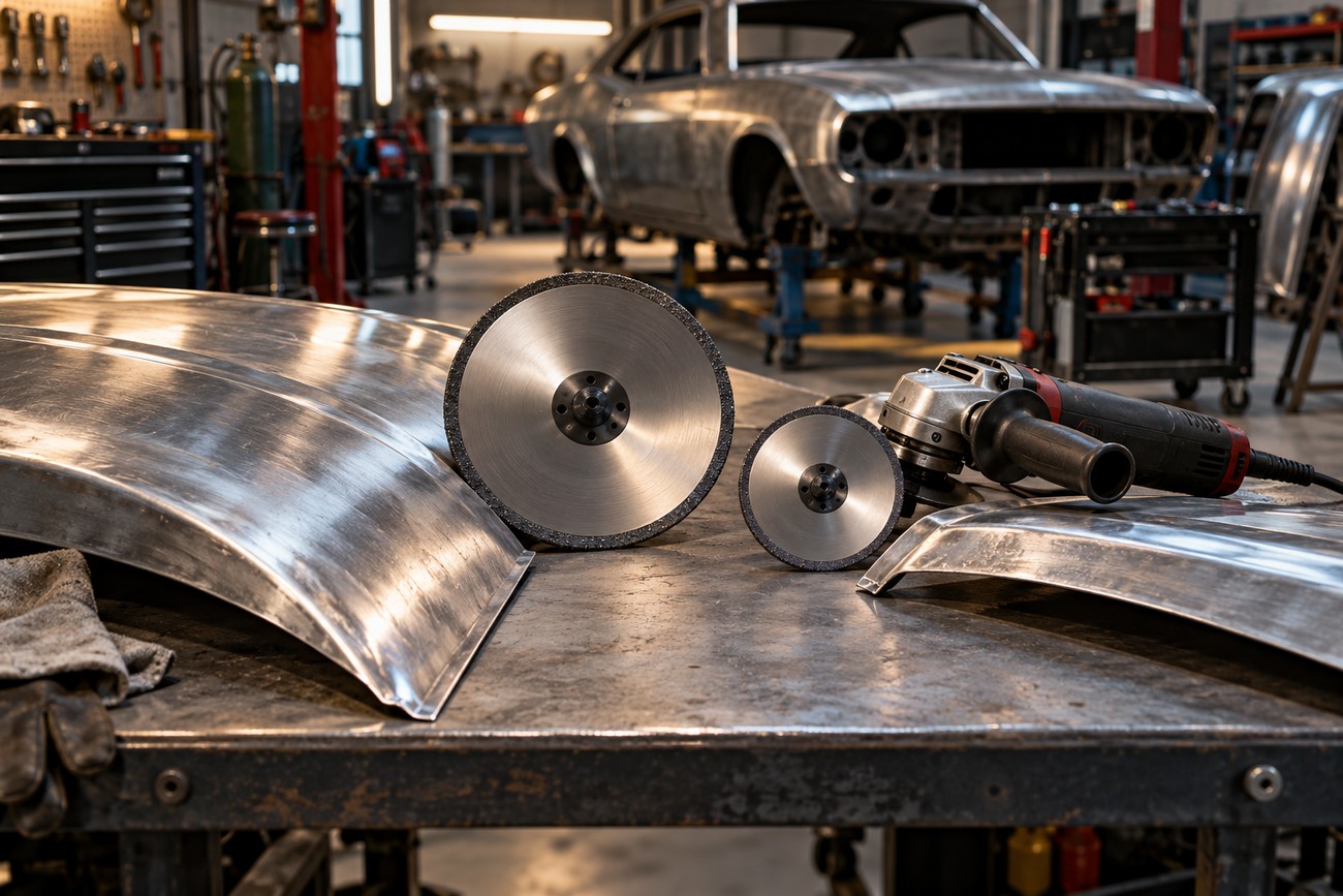 A metal shrinking disc and an angle grinder sit on a workbench with shaped sheet metal panels in a car restoration shop