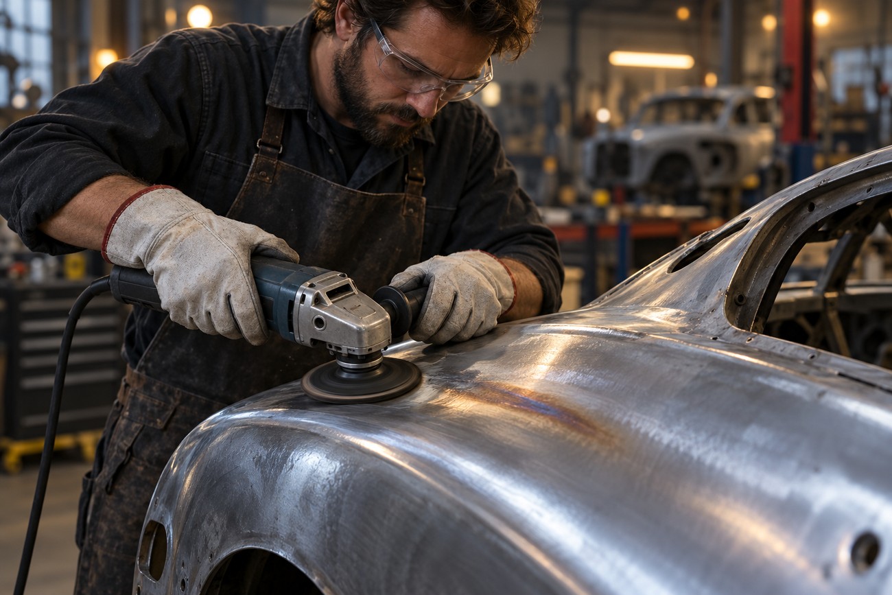 A mechanic wearing safety glasses and gloves uses an angle grinder with a shrinking disc on a metal car body panel in a workshop
