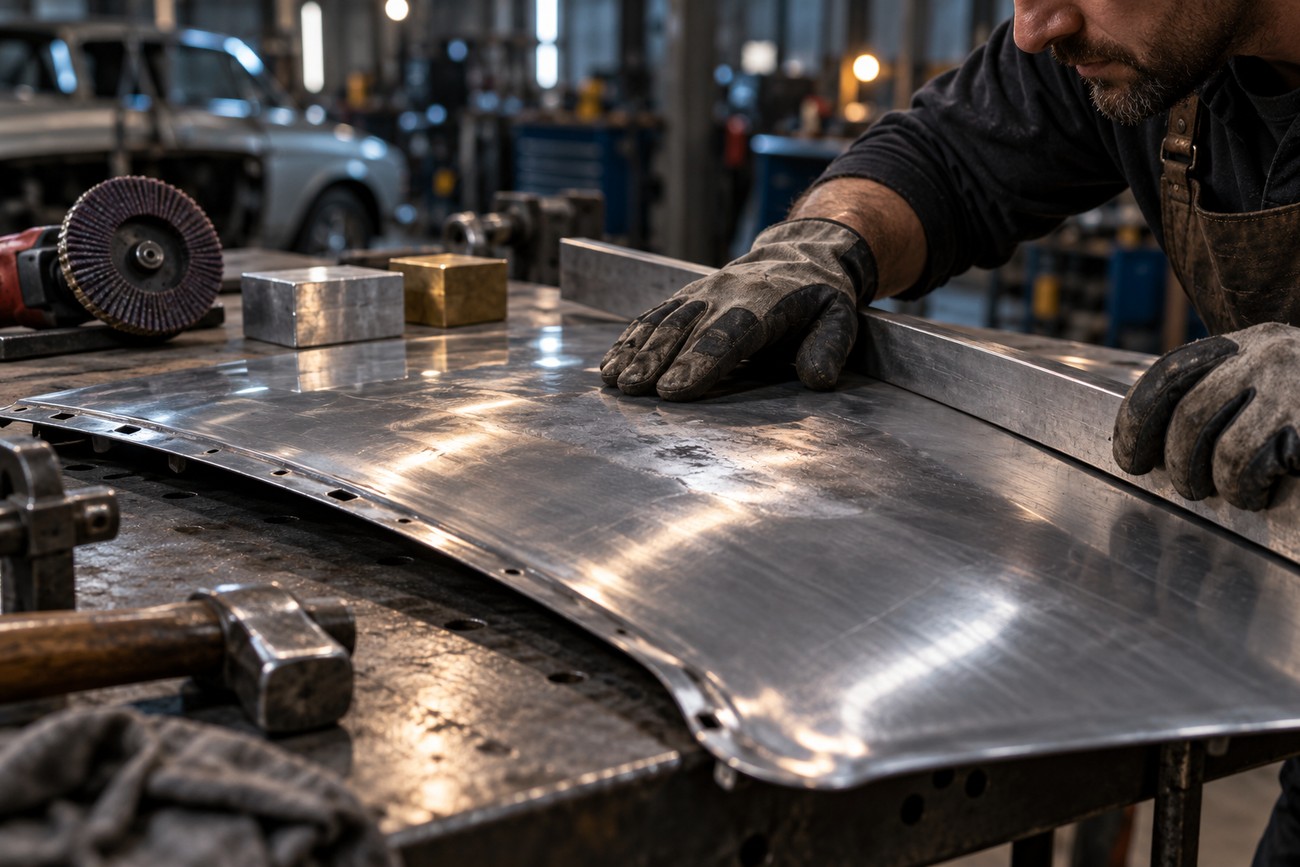 A mechanic wearing work gloves checks a stretched sheet metal panel on a workbench in an automotive workshop