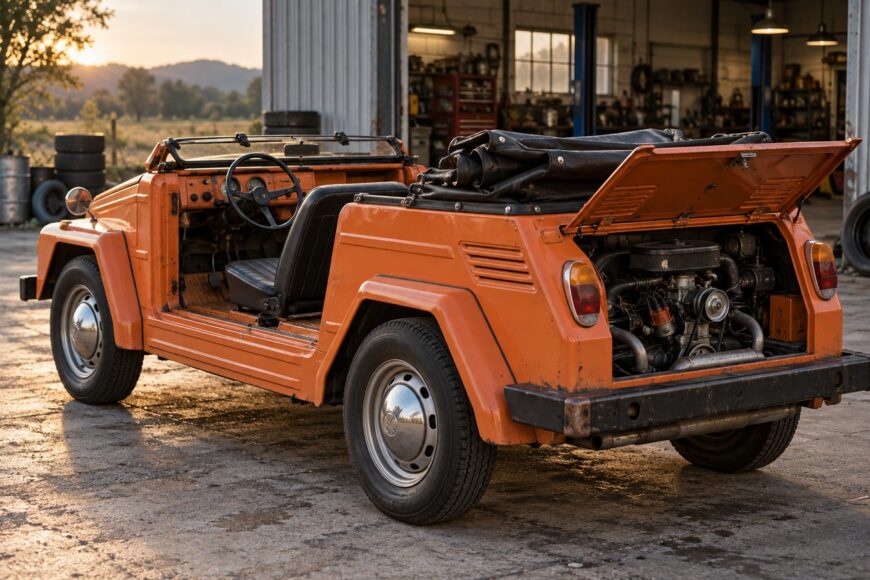 An orange vintage Volkswagen Type 181 parked outside a garage with its rear engine hood open