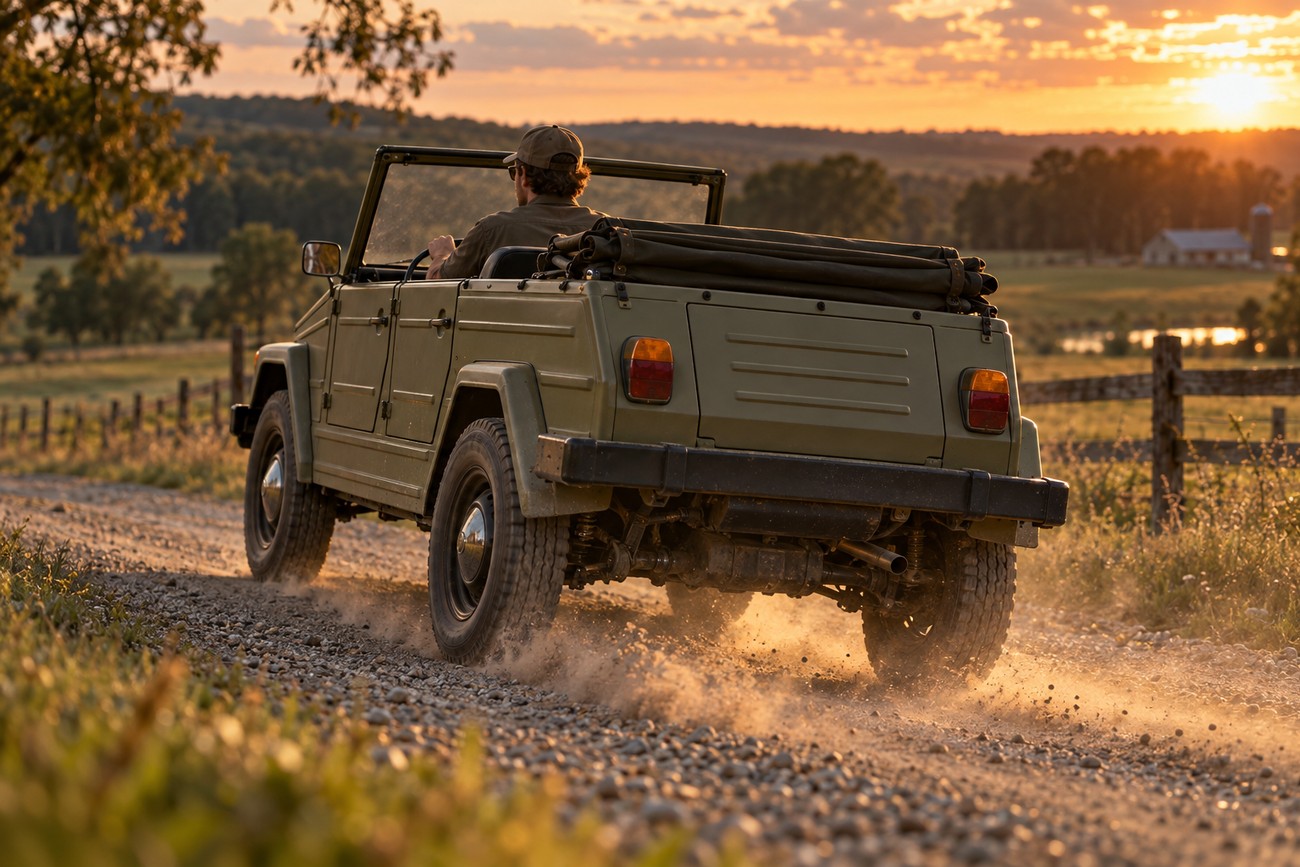 An olive green Volkswagen Thing Type 181 driving away on a dusty gravel road during sunset