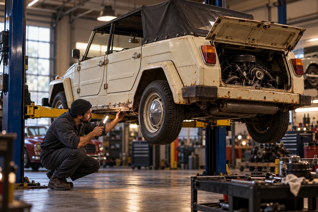 Mechanic crouching with a flashlight inspecting the undercarriage of a vintage Volkswagen Type 181 on a lift in a garage