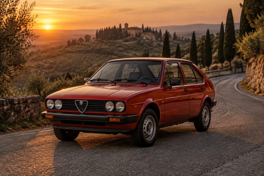 A vintage red Alfa Romeo Alfasud parked on a winding road in the Italian countryside during a golden sunset