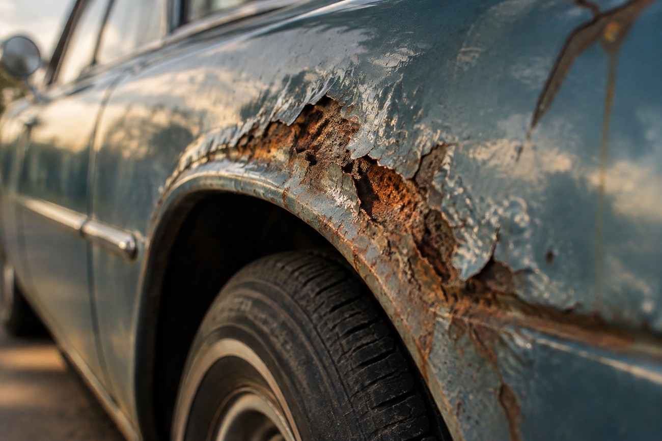 Severe rust and corrosion eating through the blue body panel and wheel arch of a classic car