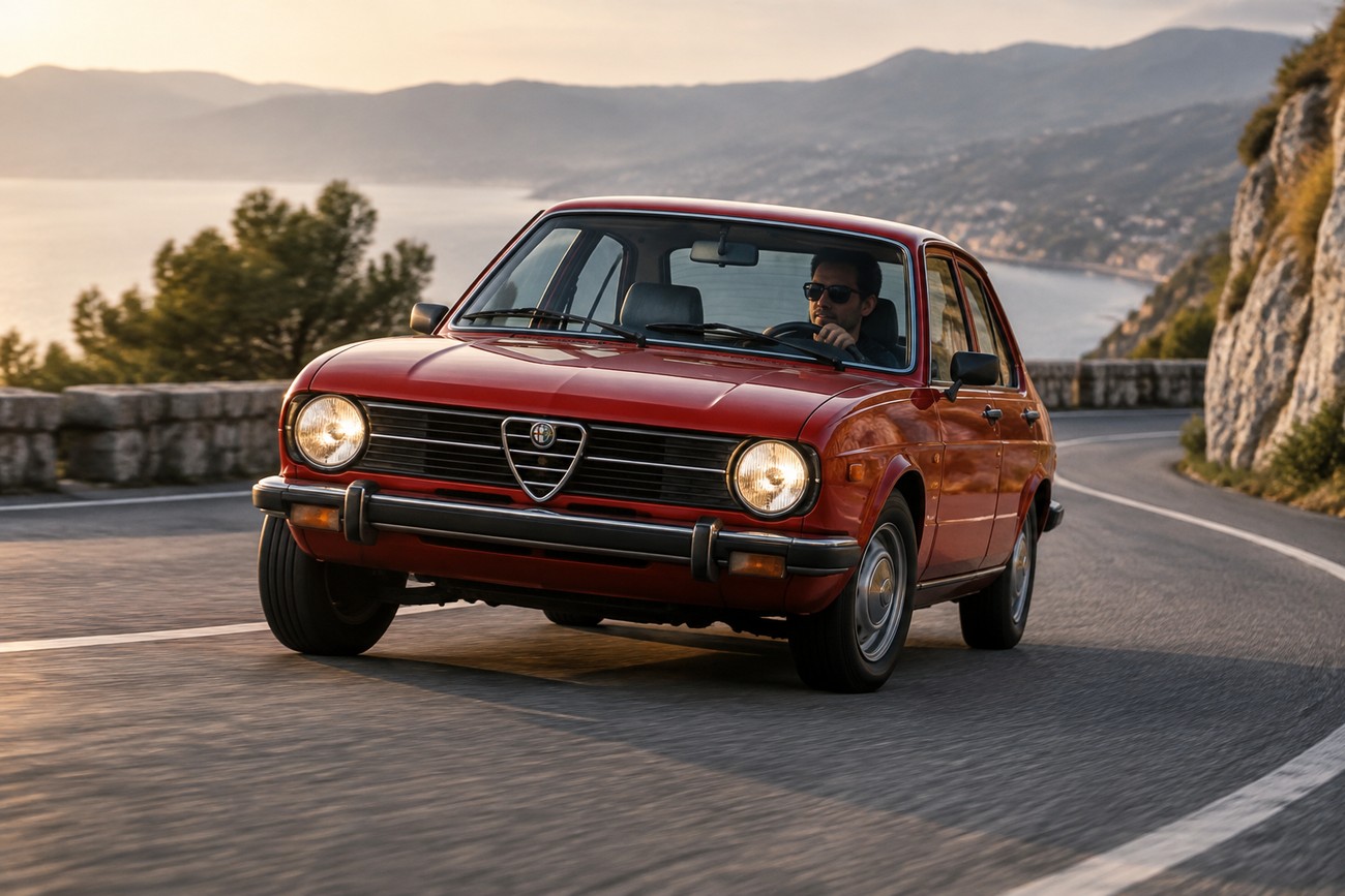 A classic red Alfa Romeo Alfasud being driven by a man along a winding coastal road overlooking the sea