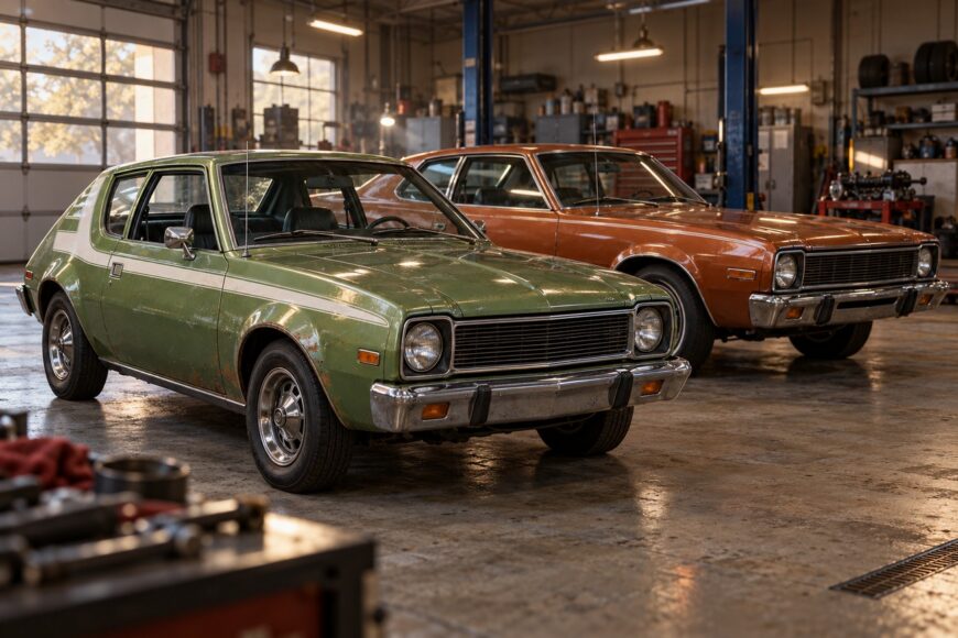 A green AMC Gremlin parked inside a mechanic garage next to a brown AMC Hornet