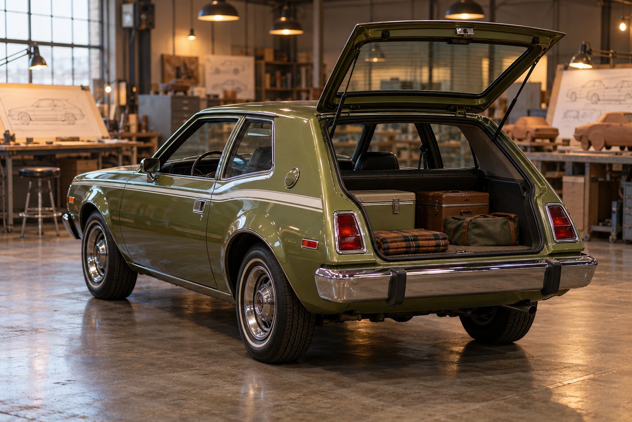 Green AMC Gremlin with an open tailgate parked inside a vintage automotive design studio with sketches on tables