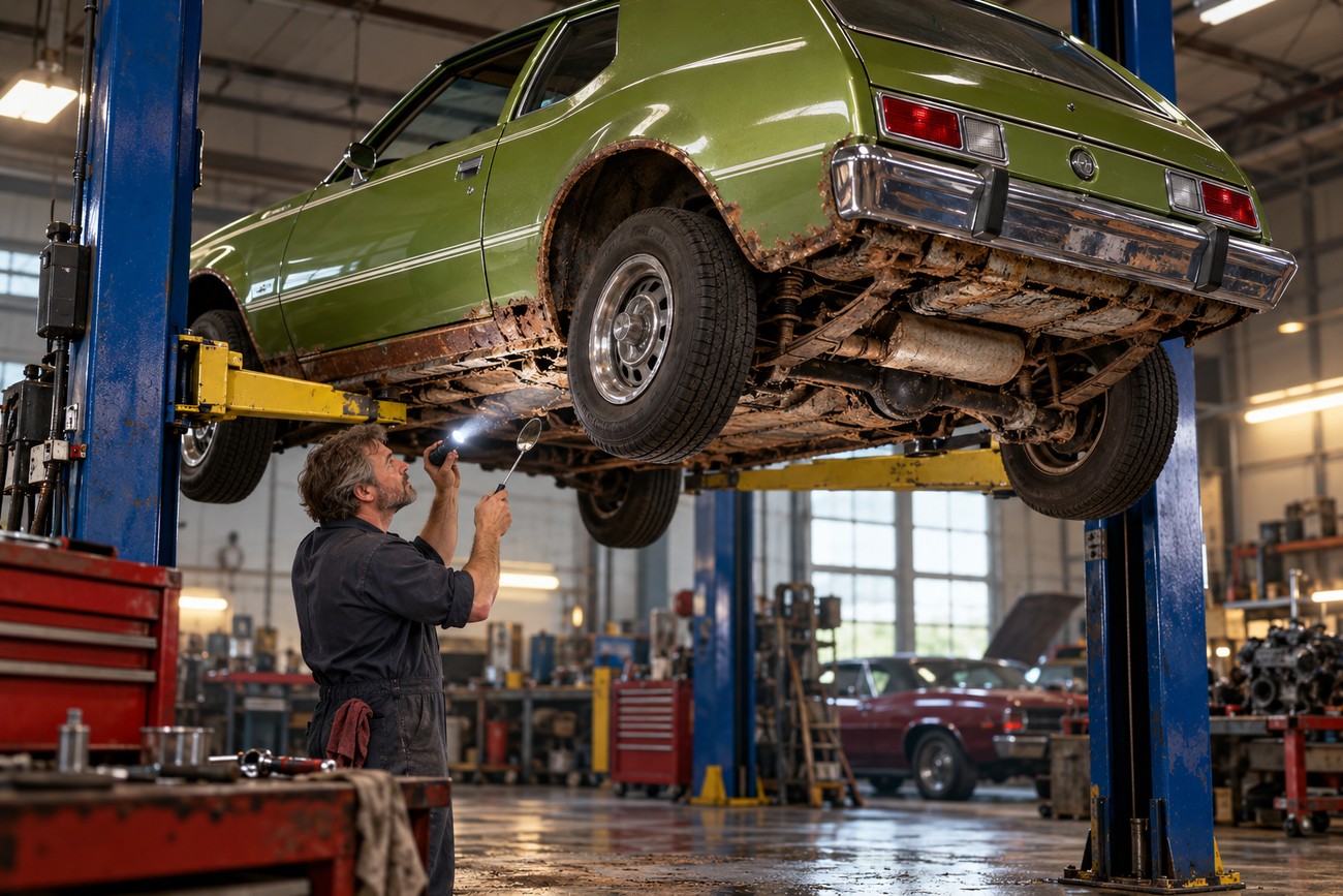 A mechanic uses a flashlight to inspect the heavy rust on the undercarriage of a green AMC Gremlin raised on a lift in a repair garage