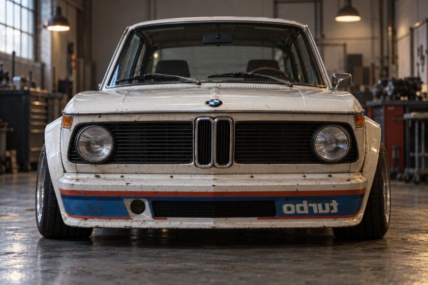 Front view of a vintage white BMW 2002 Turbo parked in a garage with mirrored turbo lettering visible on the front spoiler