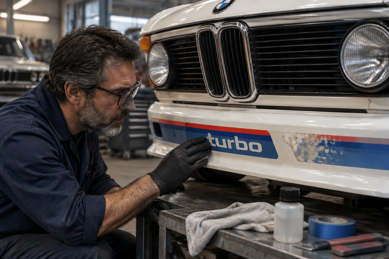 A mechanic working on the front spoiler of a white classic BMW 2002 Turbo in a repair shop