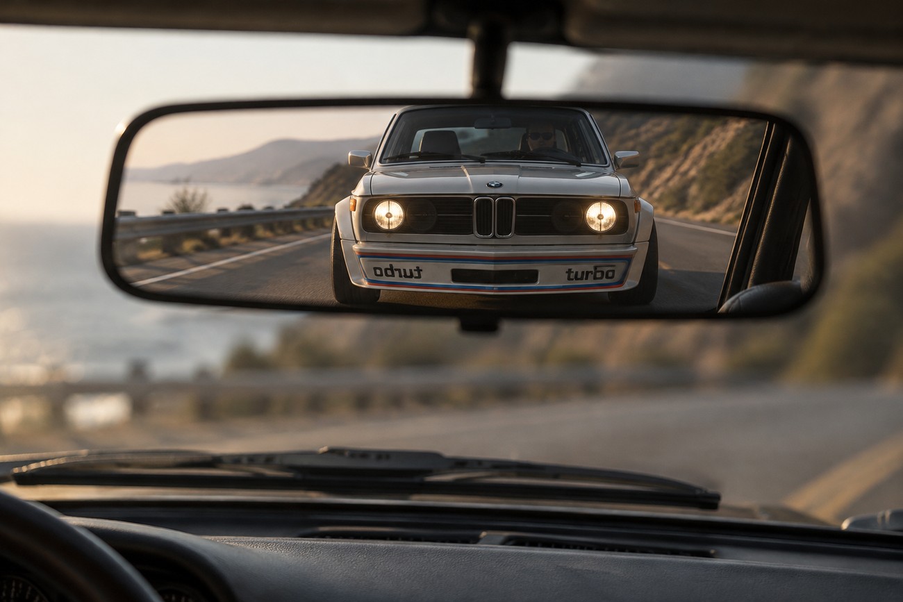 A white classic BMW 2002 Turbo with mirrored turbo lettering on the front spoiler is reflected in a car rearview mirror on a scenic coastal road