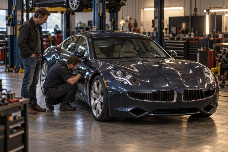 A mechanic in uniform inspecting the body of a dark blue Fisker Karma plug-in hybrid sedan with a customer standing nearby in a service garage