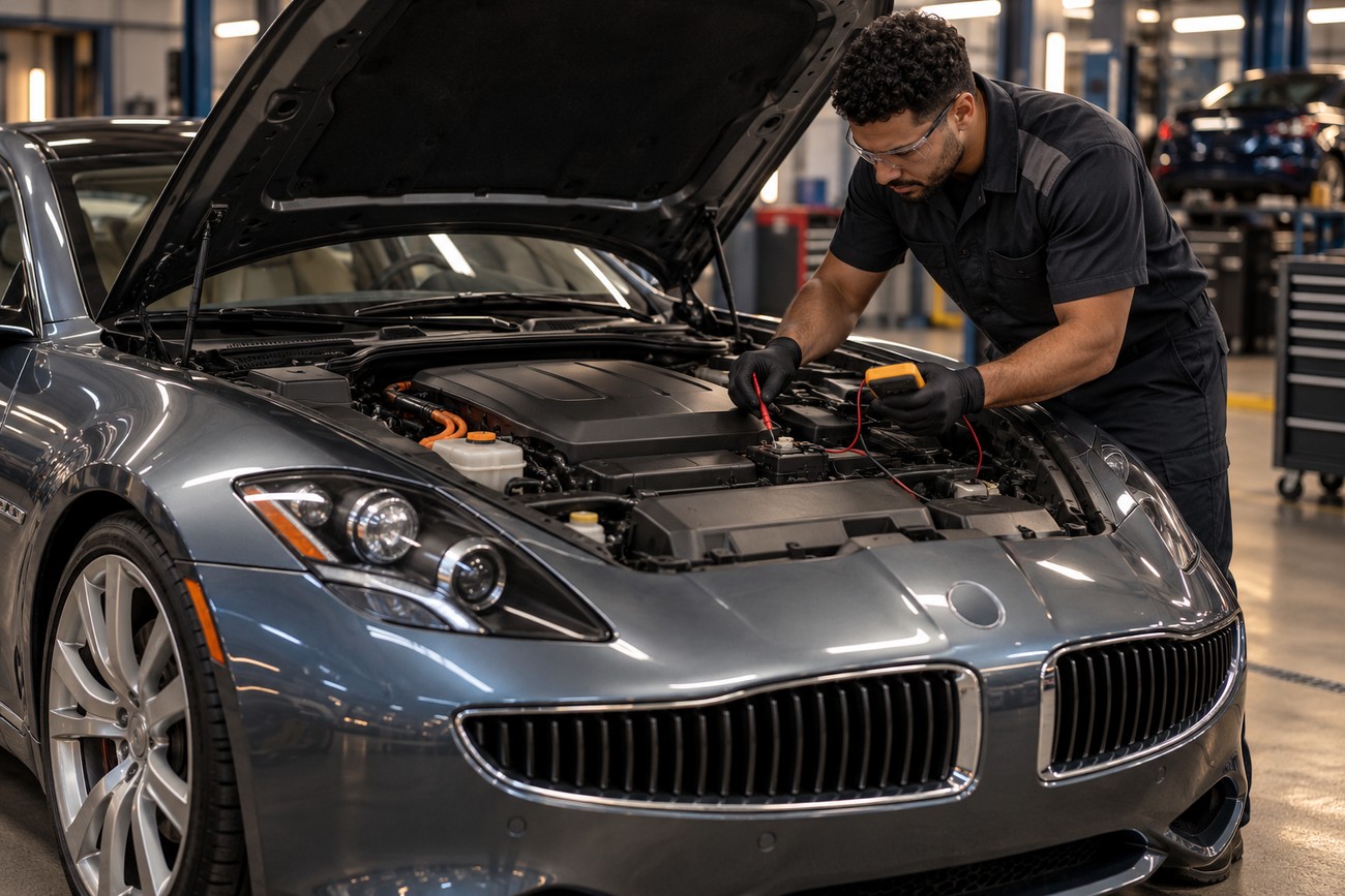 A mechanic in safety glasses and gloves uses a multimeter to inspect the engine bay of a grey Fisker Karma plug-in sedan