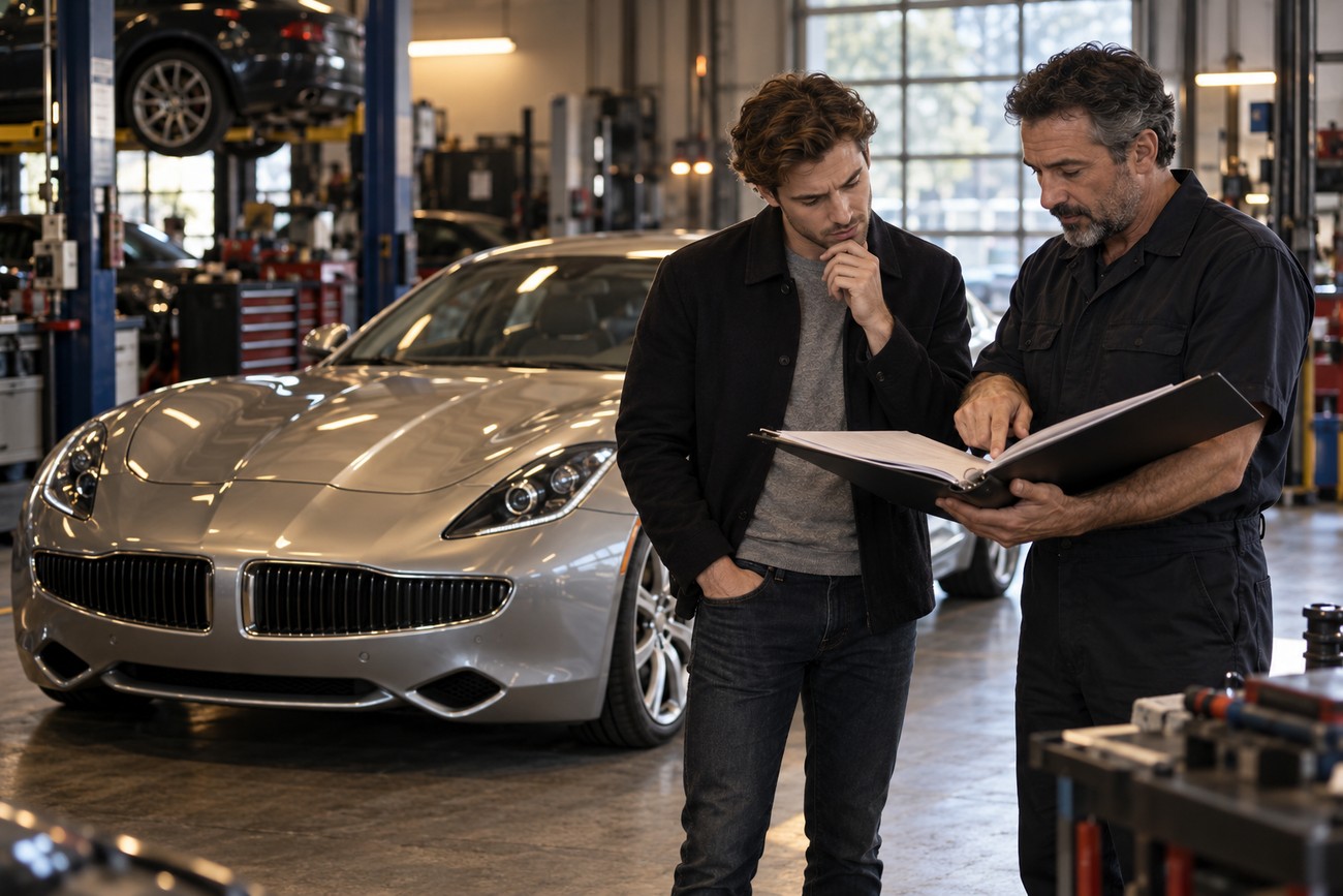 A mechanic showing a service folder to a customer standing next to a silver Fisker Karma sedan in a repair shop