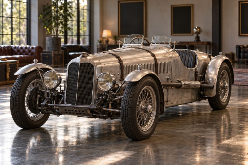 Classic silver Frazer Nash Le Mans Replica sports car parked on a polished concrete floor inside a showroom
