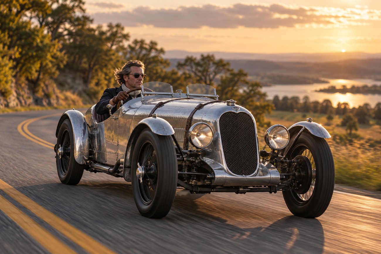 A classic silver Frazer Nash Le Mans Replica sports car driving on a scenic winding road at sunset