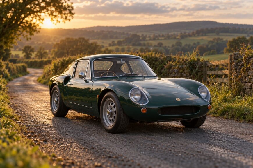 Dark green Ginetta G15 classic sports car parked on a narrow country road during sunset