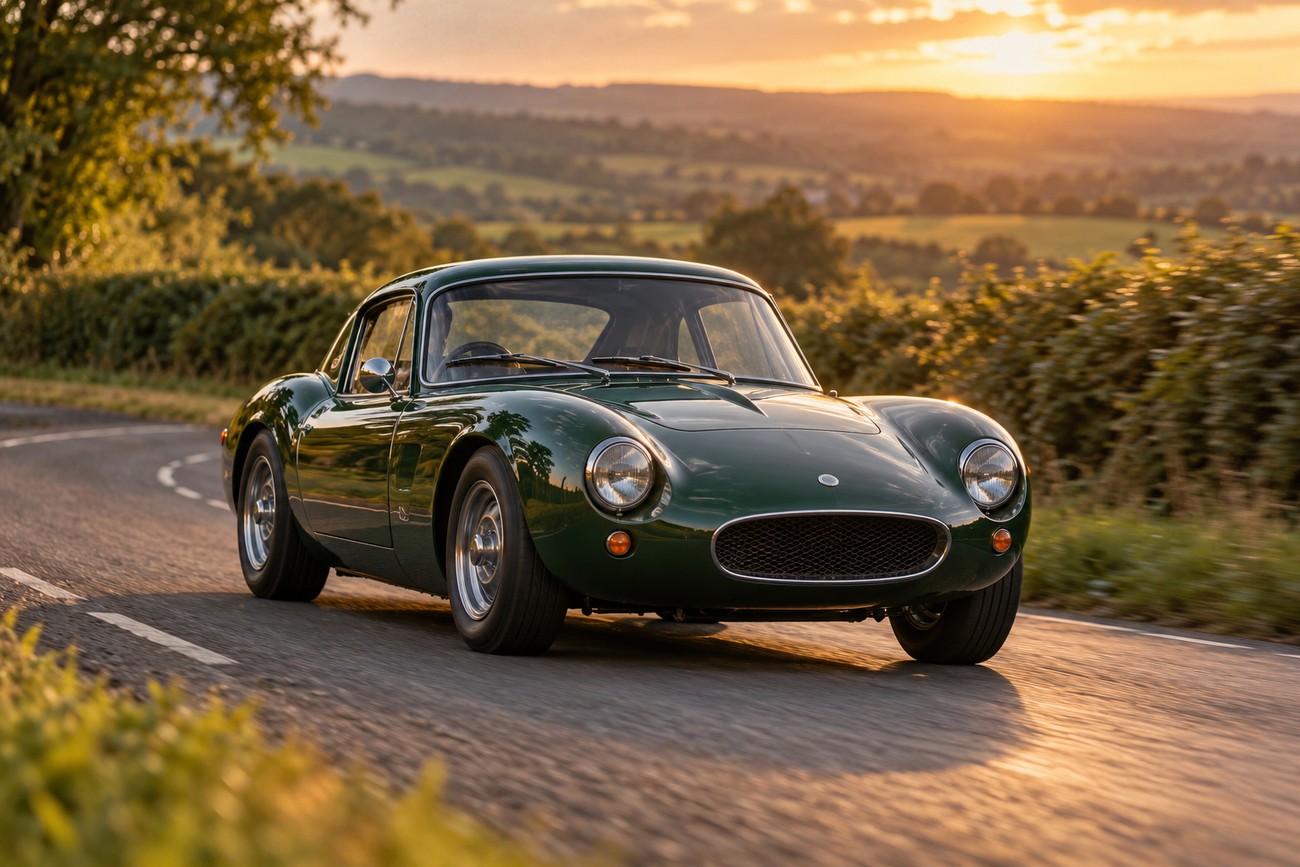 Classic green Ginetta G15 sports car driving on a winding country road during sunset