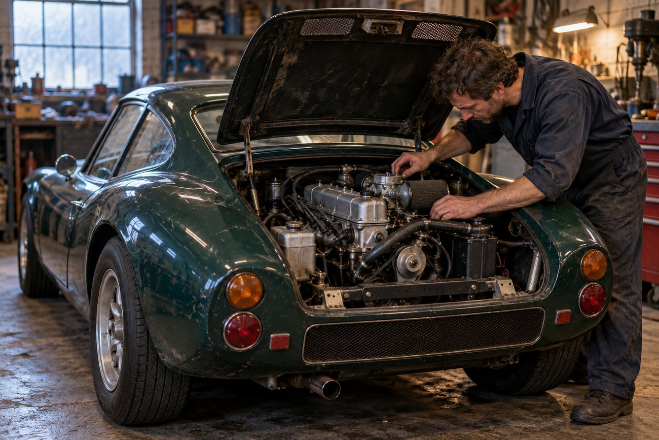 A mechanic in overalls inspecting the rear-mounted Imp engine of a dark green Ginetta G15 classic sports car inside a workshop