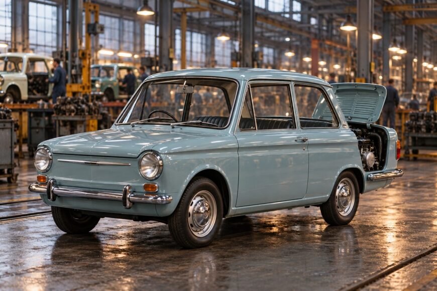 Light blue Hillman Imp classic car with open rear engine compartment on a factory assembly line floor