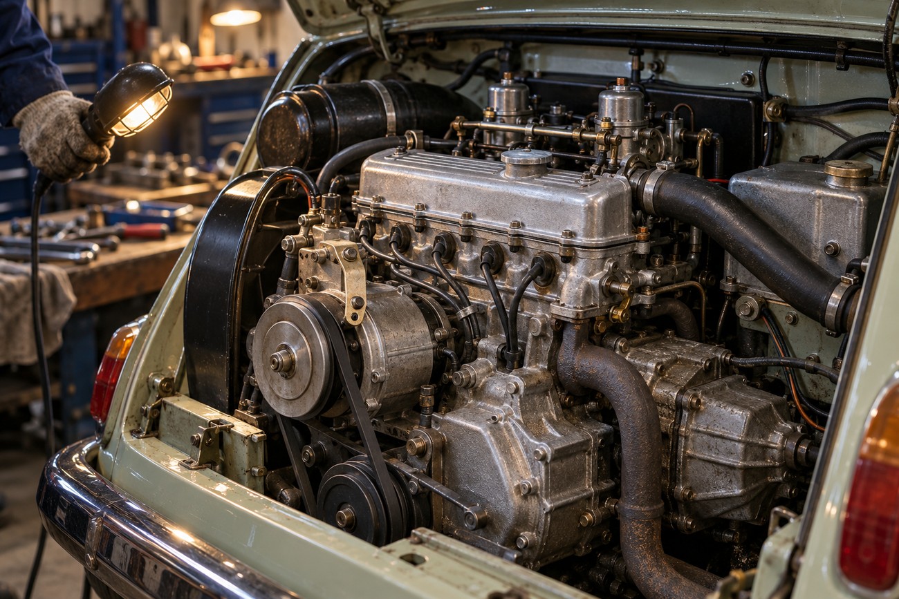 Mechanic holding a work light inspecting the aluminum engine in the rear compartment of a classic Hillman Imp