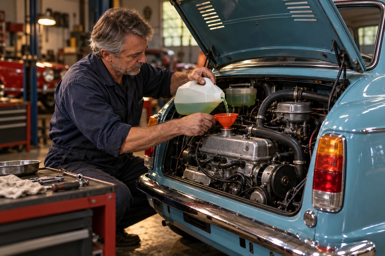 A mechanic wearing blue overalls pouring liquid from a jug through a funnel into the aluminum engine of a classic blue Hillman Imp in a workshop