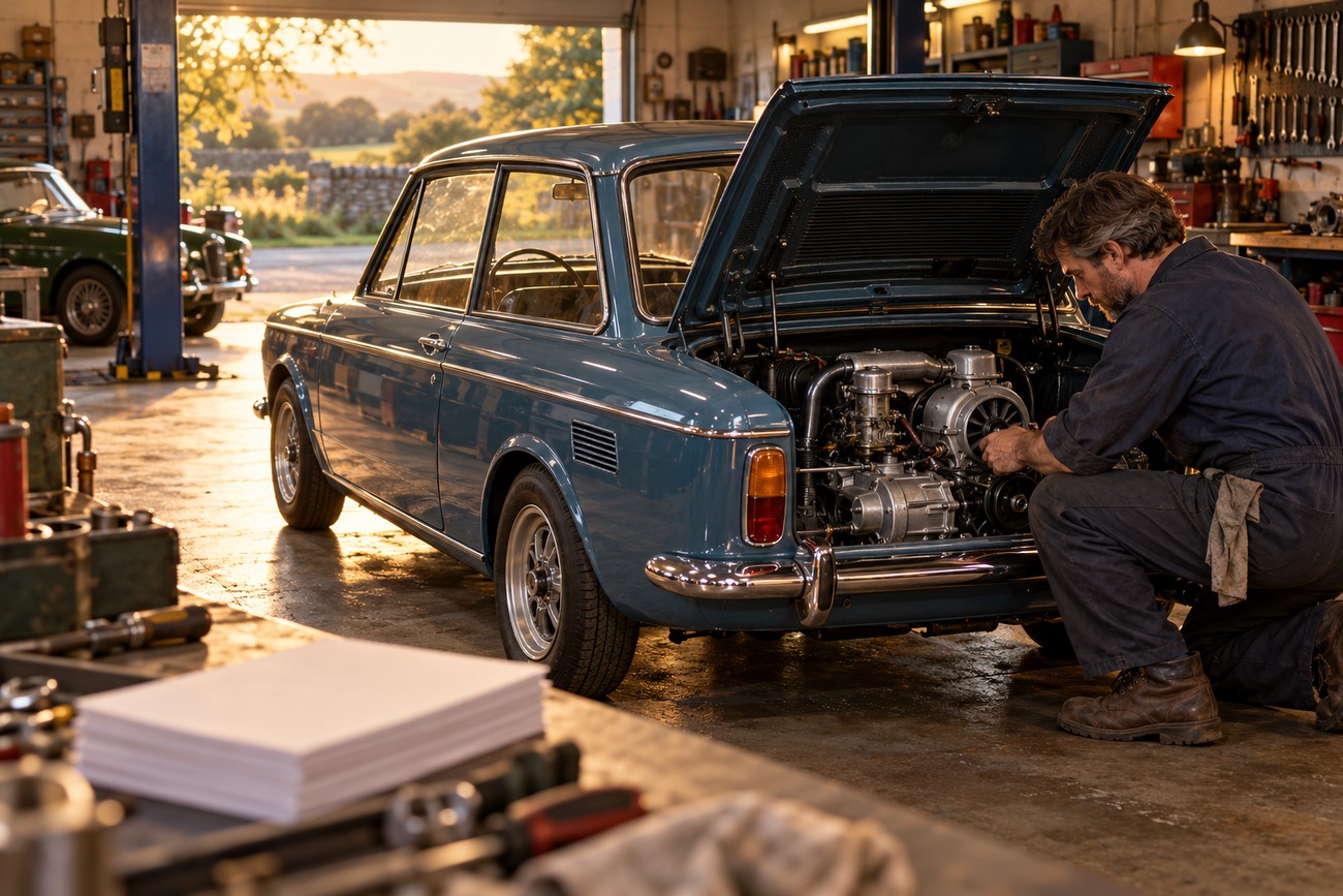 Mechanic kneeling and working on the rear aluminum engine of a blue Hillman Imp inside a vintage repair garage
