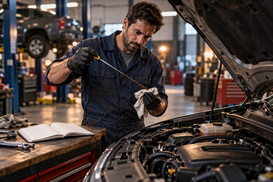Mechanic in dark overalls checking engine oil level with a dipstick in a workshop