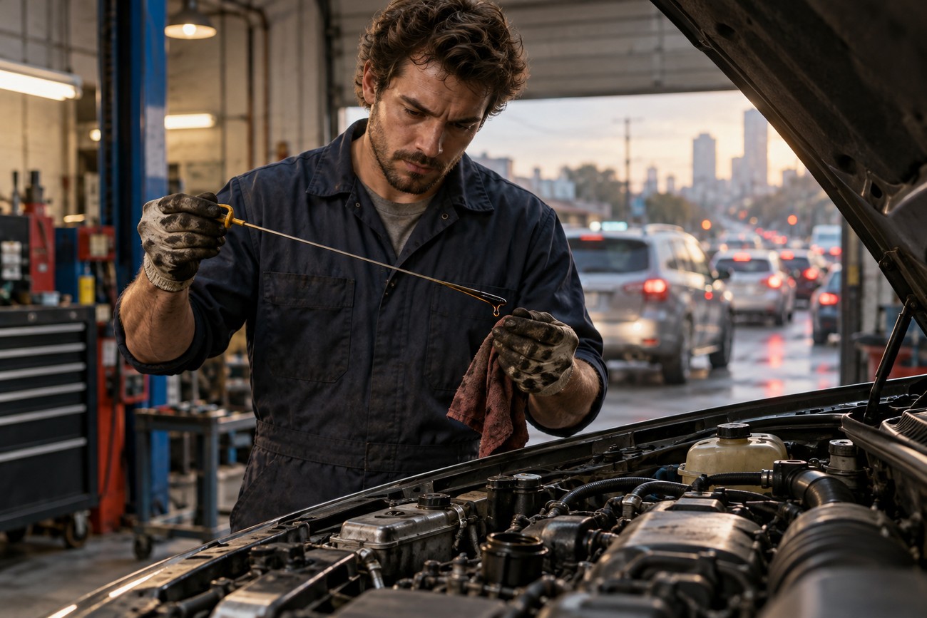 A focused mechanic in a dark blue jumpsuit checking the engine oil level with a dipstick in an auto repair shop