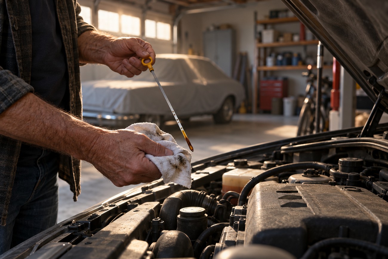 A mechanic wiping an engine oil dipstick with a cloth over the open hood of a car in a garage
