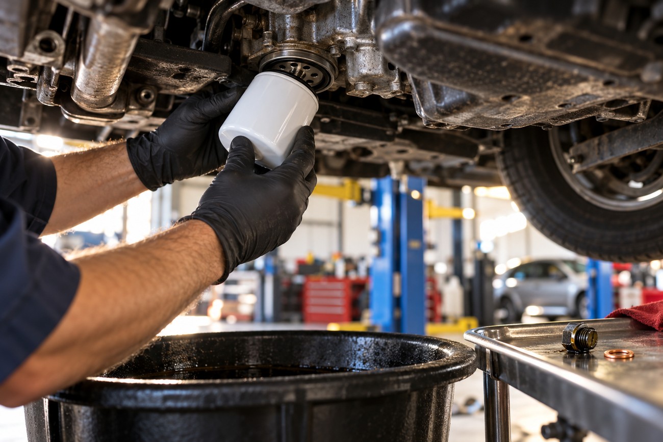 Mechanic in black gloves replacing the engine oil filter under a vehicle during maintenance