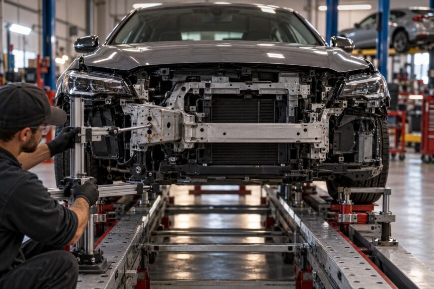 Mechanic using a specialized measuring tool to check alignment on a unibody car frame in an auto body shop