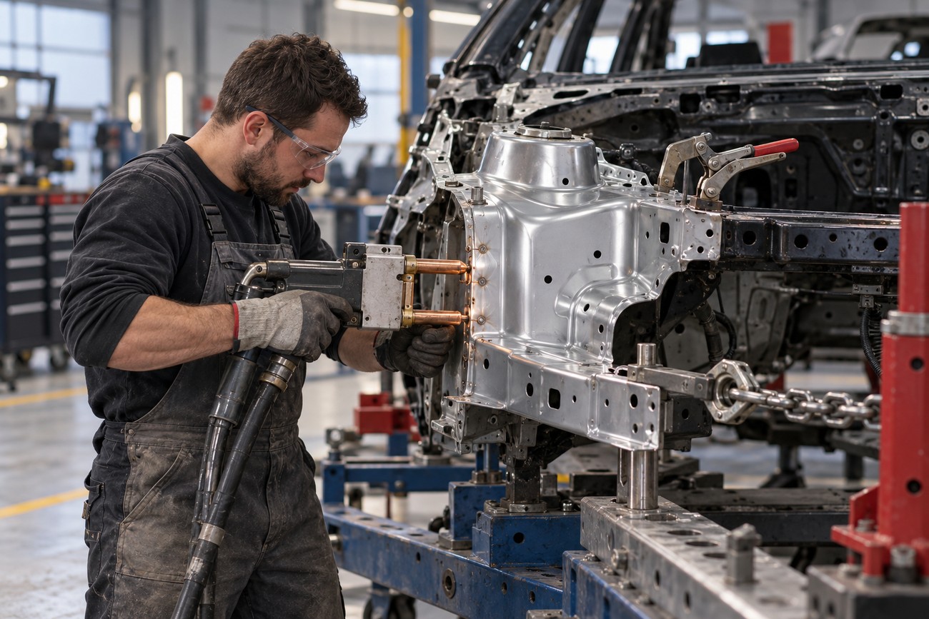 A mechanic wearing safety glasses uses a spot welding tool on the metal unibody frame of a car inside an auto repair shop