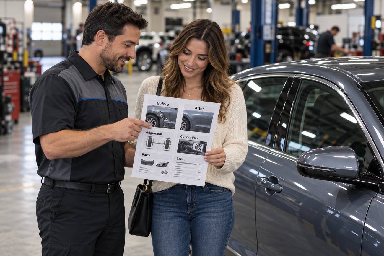 An auto mechanic pointing at a repair estimate sheet for unibody collision damage while talking to a female customer in a body shop