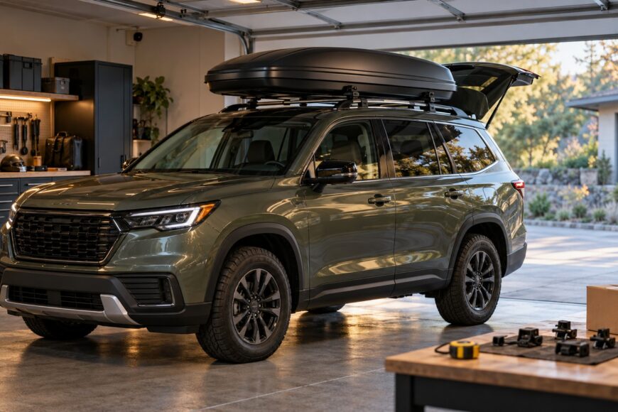 An olive green SUV parked inside a garage featuring a black rooftop cargo box mounted on roof racks with the trunk open