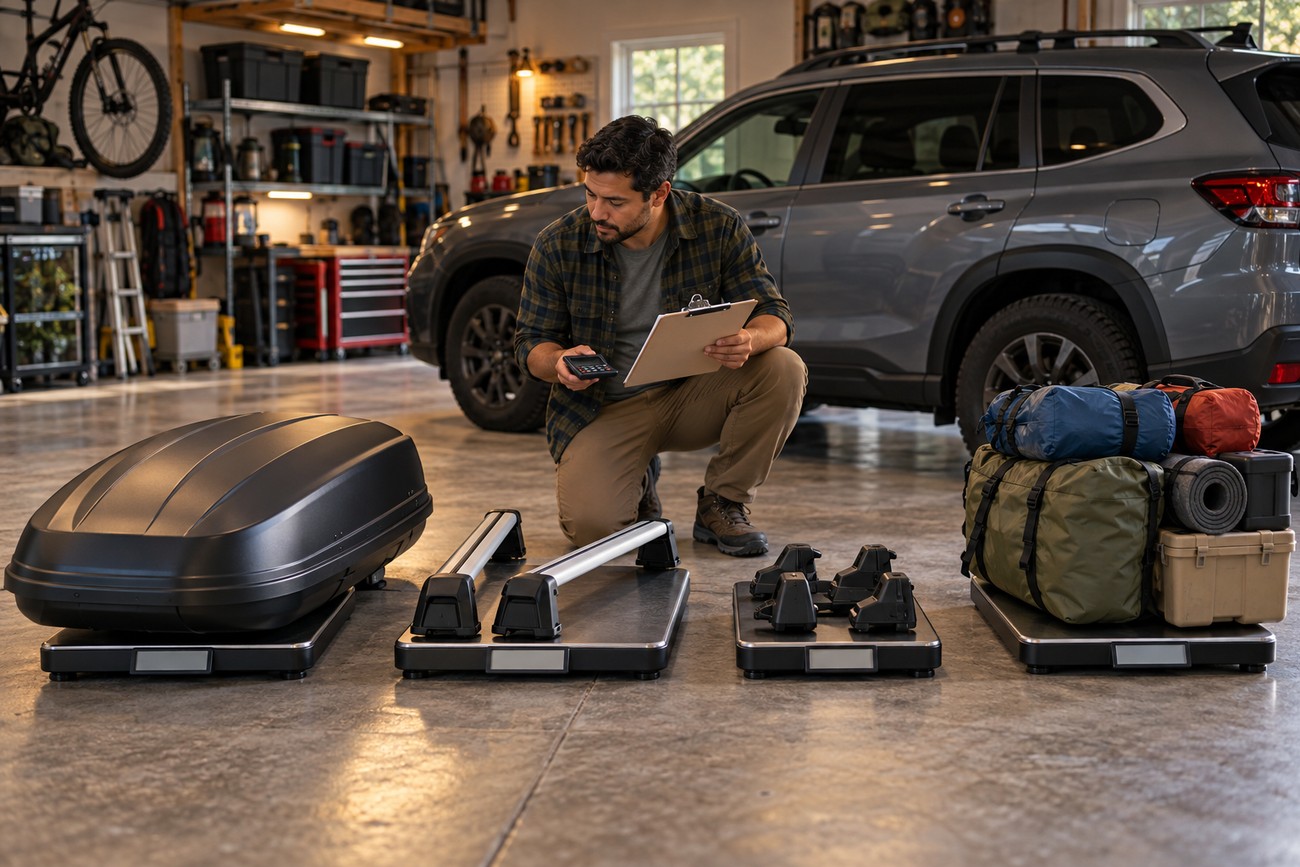 Man holding a clipboard and calculator while weighing roof racks and cargo boxes on scales in a garage next to an SUV