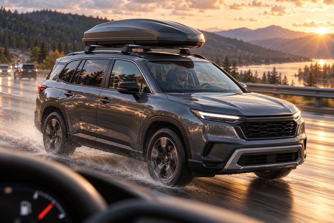 A modern grey SUV with a black cargo box mounted on roof racks driving on a wet highway at sunset