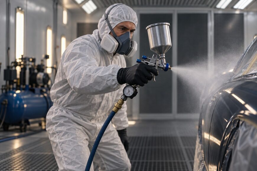 A technician wearing a protective suit and respirator checks the inlet air pressure gauge while painting a car with a spray gun