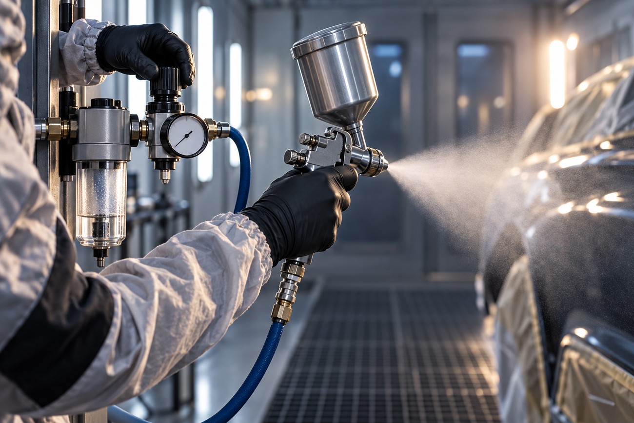 Painter in protective gear adjusting the air pressure regulator and gauge before spraying a car part
