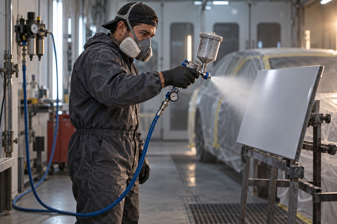 A technician in protective gear and respirator mask is using a spray gun with an air pressure regulator in an auto repair shop